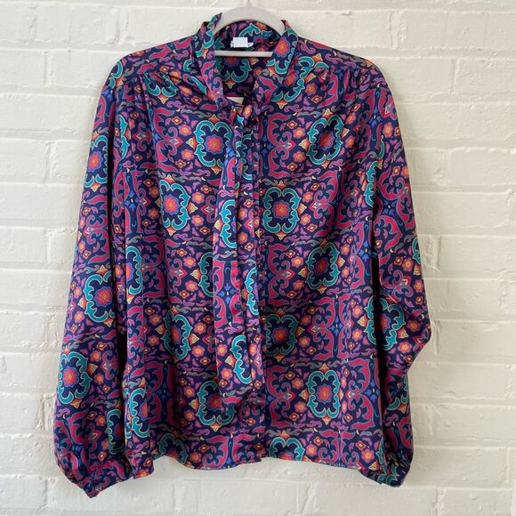 Vintage Dalton 70s 80s Jewel Tone Ascot Bow Blouse Satin Secretary XL - Picture 1 of 6